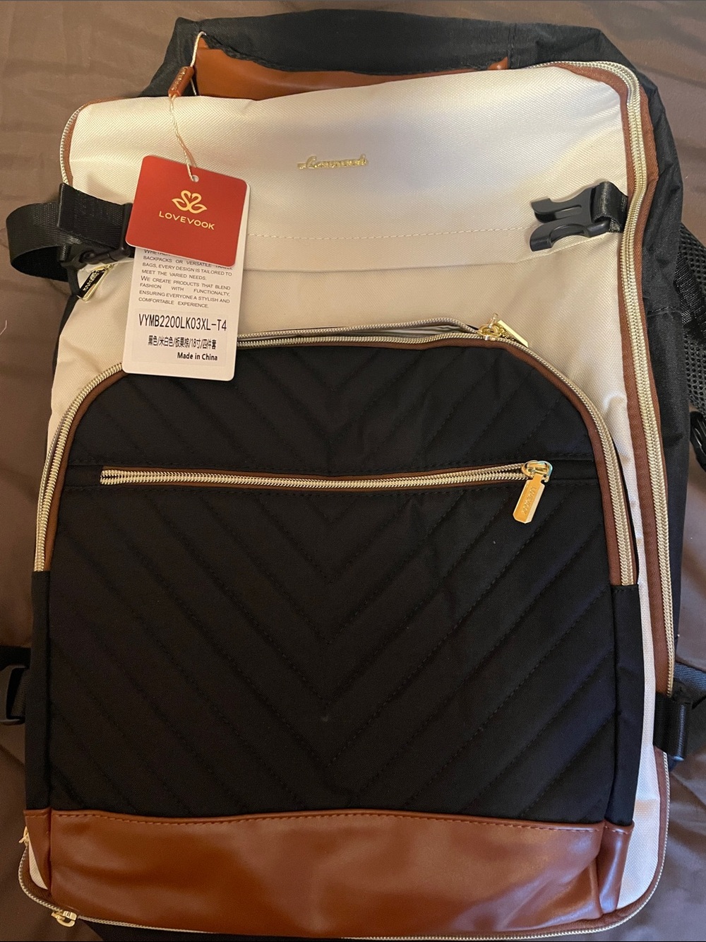 Black & Cream Women's Backpack with Brown Trim